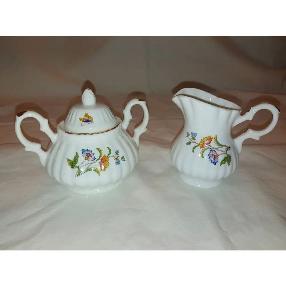 Vintage Porcelain Sugar Bowl And Creamer Gold Trim Set